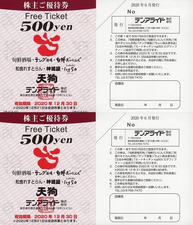 テンアライド 株主優待 - レストラン/食事券