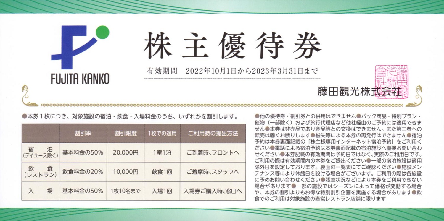 藤田観光(9722)から株主優待が到着 | Yoshiの株主優待ブログ