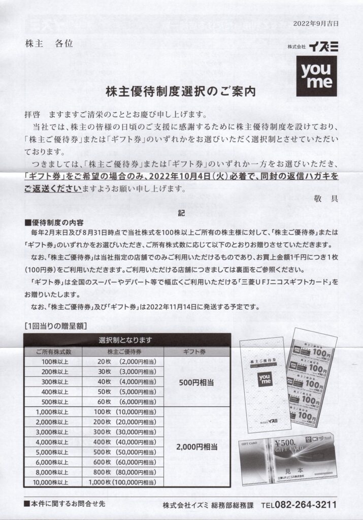 イズミ　50000円　株主優待