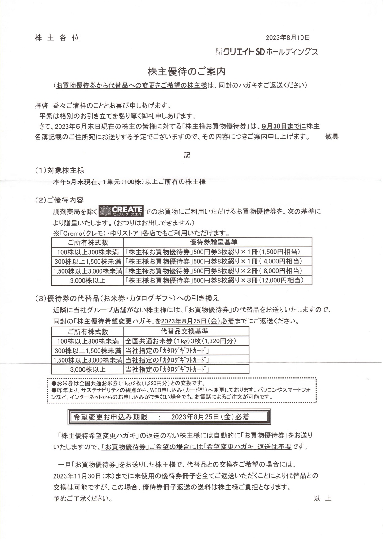 クリエイトＳＤホールディングス(3148)から株主優待の案内が到着