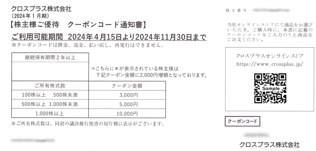 クロスプラス(3320)から株主優待が到着 | Yoshiの株主優待ブログ