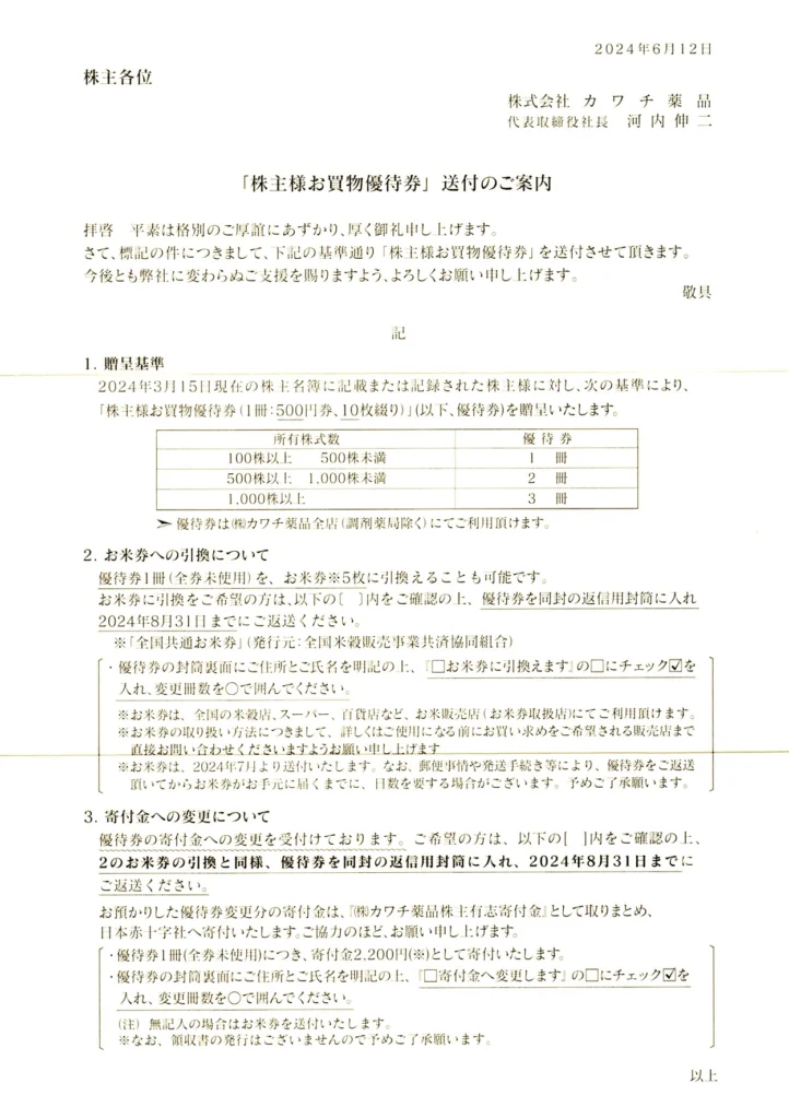 カワチ薬品(2664)から株主優待が到着 | Yoshiの株主優待ブログ
