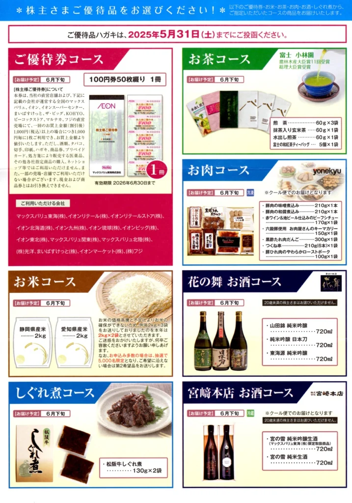 マックスバリュ東海 優待券1万円分(100円券×50枚綴×2冊)23.6.30迄 mv-tokai20250507-02-717x1024.