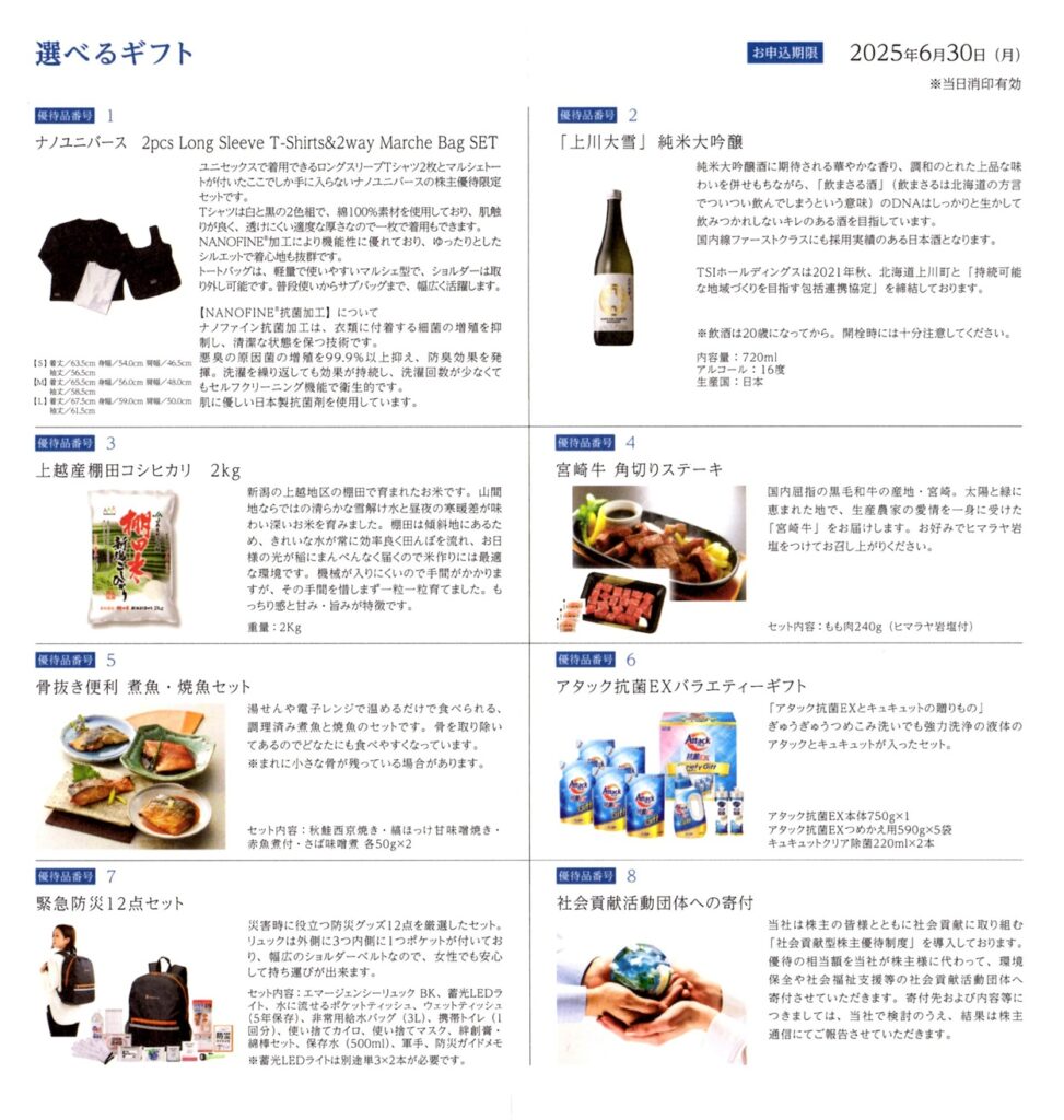 ＴＳＩホールディングス(3608) 株主優待案内等