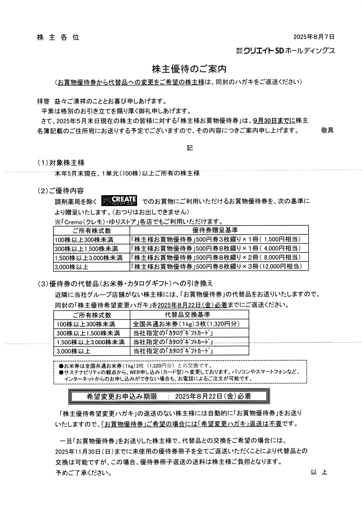 クリエイトSDホールディングス(3148)から株主優待の案内が到着