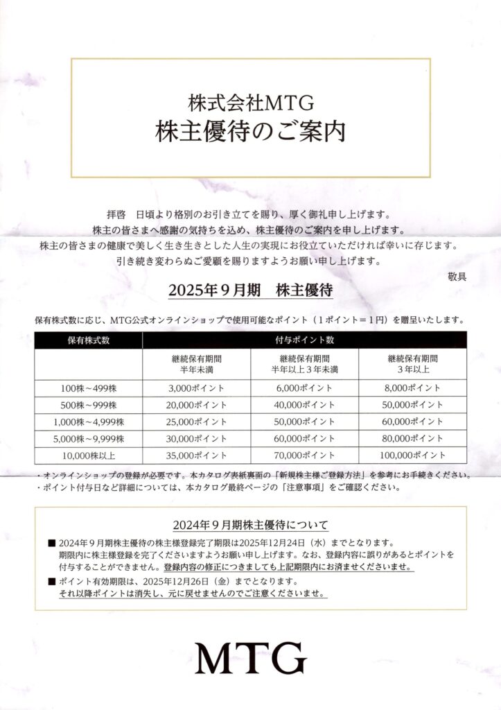 ＭＴＧ(7806) 株主優待案内