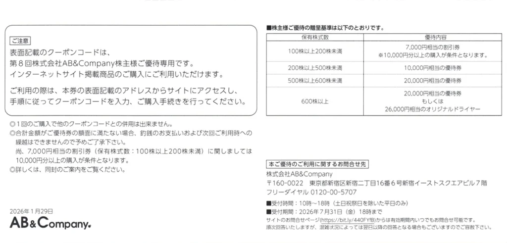 AB&COMPANY(9251)から株主優待が到着｜500株で自社製品クーポン20,000