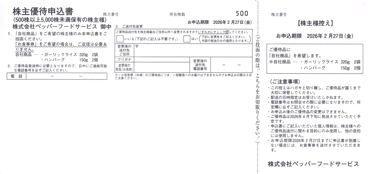 ペッパーフードサービス(3053)から株主優待の案内が到着｜500株でお