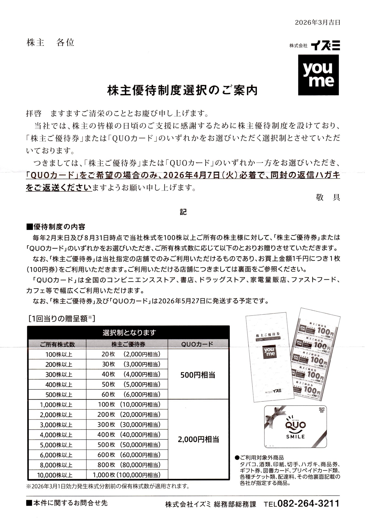 マラソンマン　イズミ 株主優待 4000円分 イズミ(8273)から株主優待の案内が到着｜300株で優待券4,000円分 or