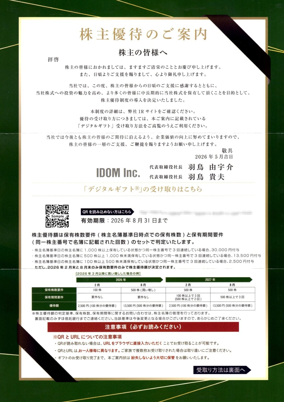 IDOM(7599)から株主優待が到着|1,000株で30,000円相当のデジタルギフト | Yoshiの株主優待ブログ