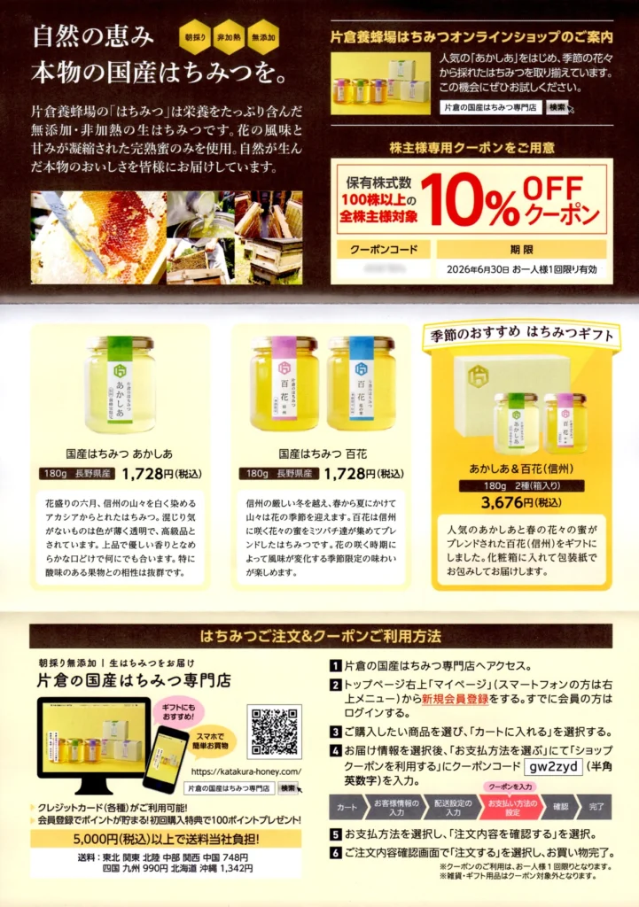 片倉工業(3001)から株主優待が到着｜100株で1,728円相当の国産はちみつ