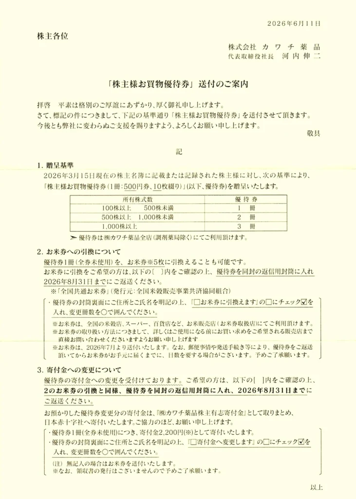 カワチ薬品(2664)から株主優待が到着｜100株で5,000円相当の優待券