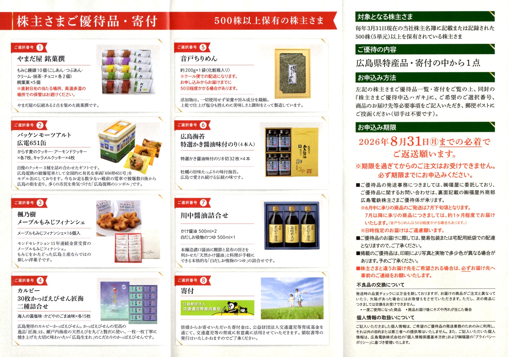 広島電鉄(9033)から株主優待の案内が到着｜500株で広島県産品の