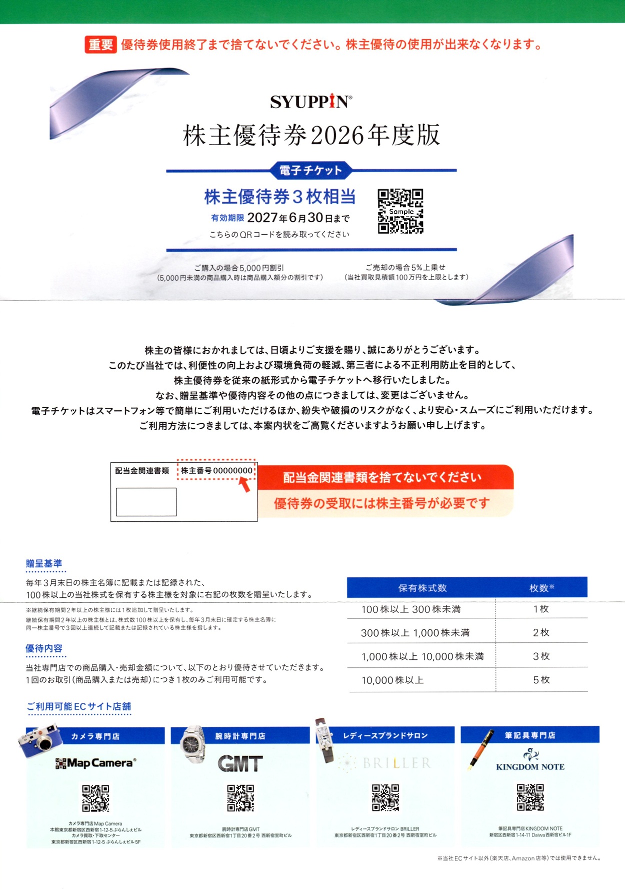 シュッピン 株主優待券 3枚 2026年6月30日まで シュッピン株式会社
